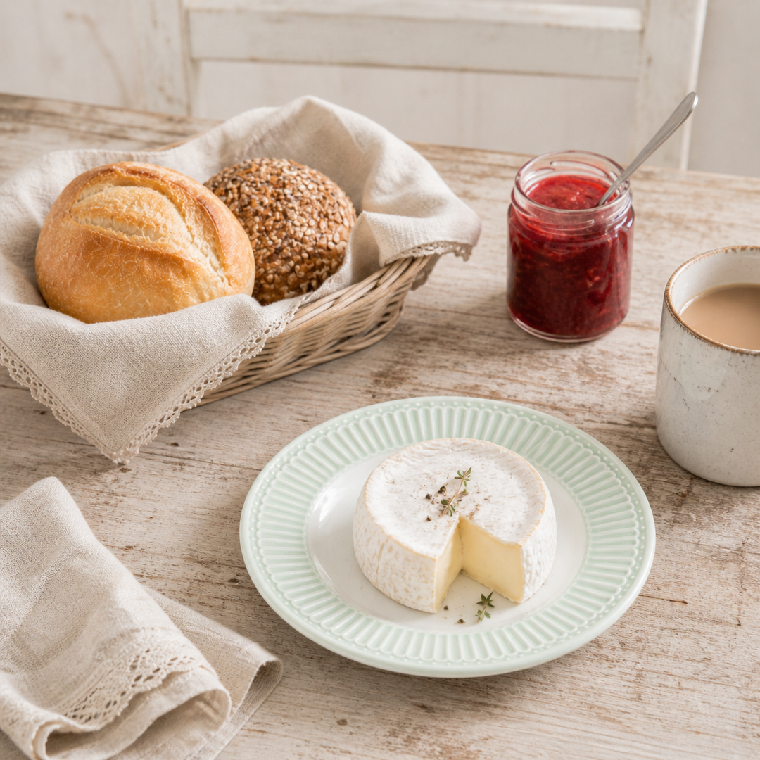 GreenGate Dessertteller Alice hellgrün mit weichem Käse, Brötchen und Marmelade auf Holztisch im Landhausstil