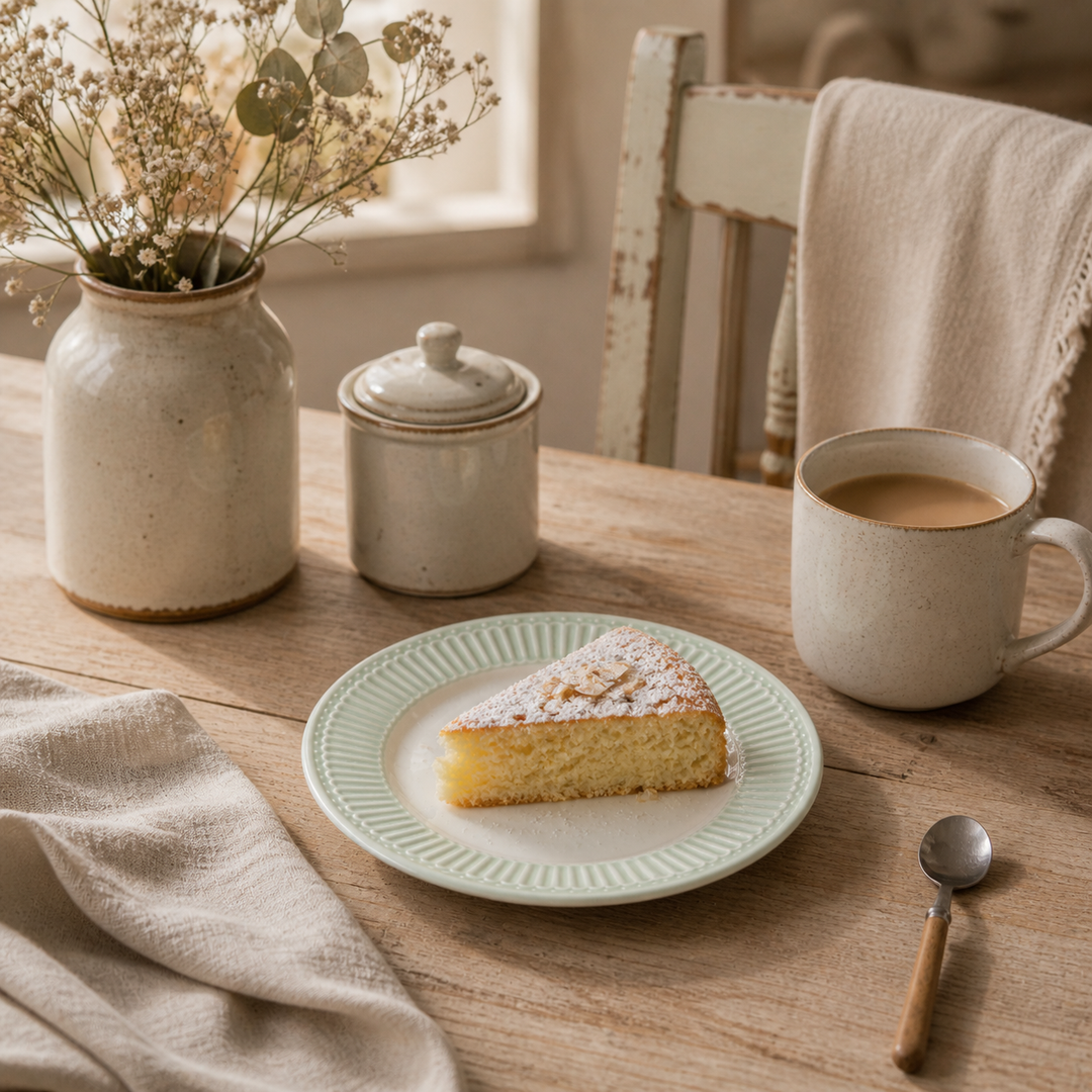 GreenGate Dessertteller Alice hellgrün mit Kuchen in gemütlicher Kaffee Szene im Shabby Chic Stil