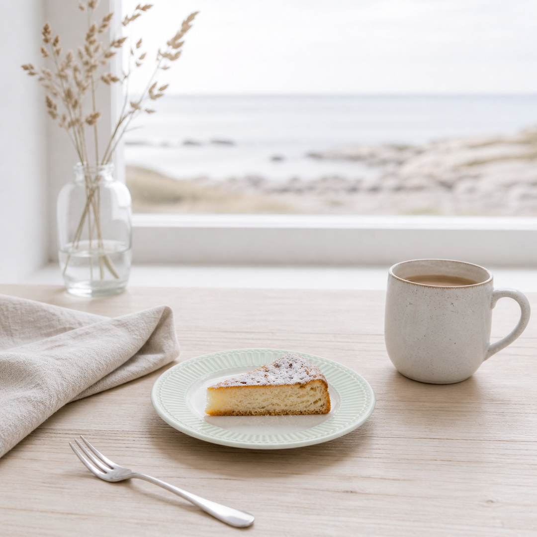 GreenGate Dessertteller Alice hellgrün mit Kuchen in heller skandinavischer Küsten Szene, minimal und clean