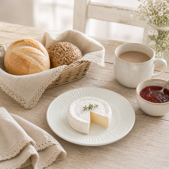 GreenGate Dessertteller Alice weiß mit weichem Käse, Brötchen und Marmelade auf Holztisch im Landhausstil