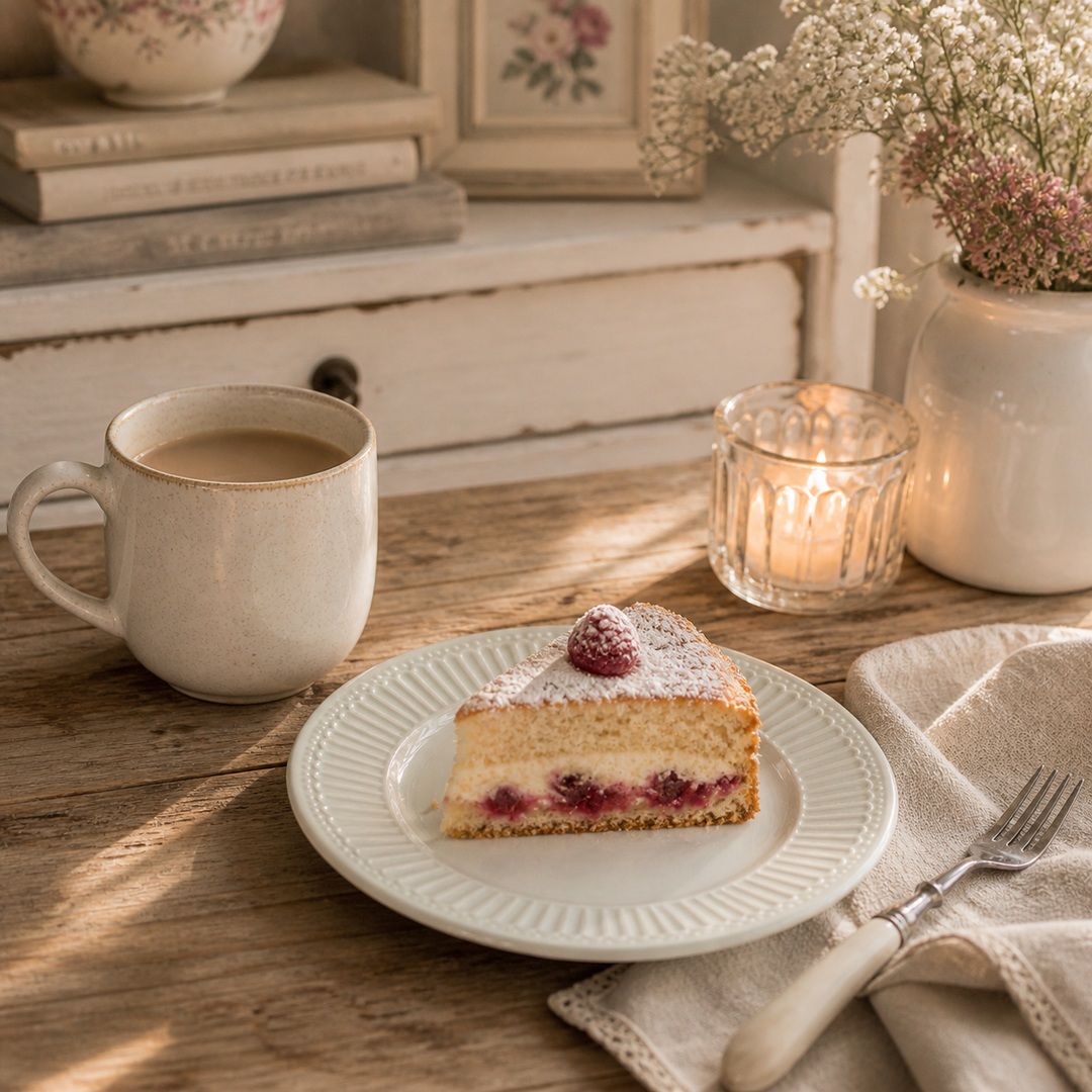 GreenGate Dessertteller Alice weiß mit Kuchen in gemütlicher Kaffee Szene im Shabby Chic Stil