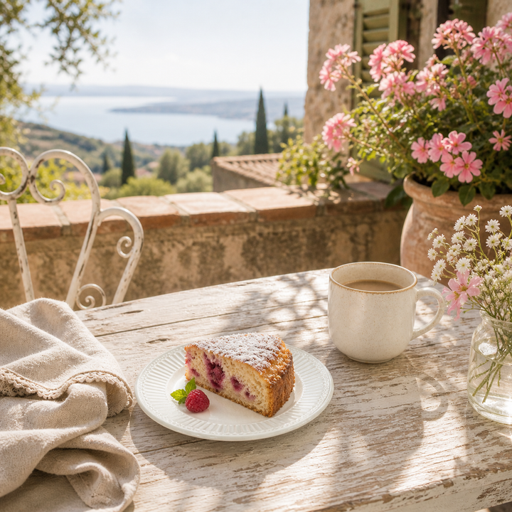 GreenGate Dessertteller Alice weiß mit Kuchen auf sommerlicher Terrasse im mediterranen Landhausstil