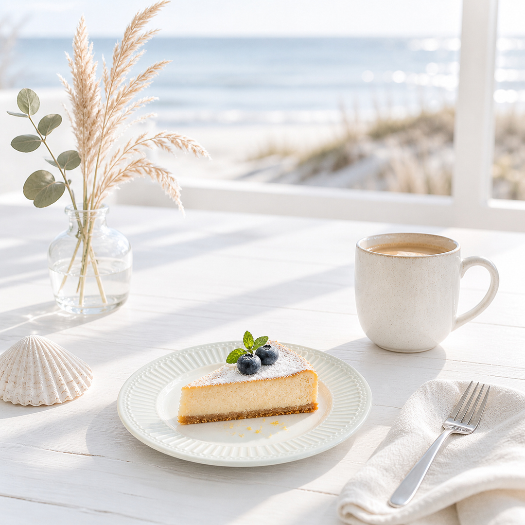 GreenGate Dessertteller Alice weiß mit Kuchen in heller skandinavischer Küsten Szene, minimal und clean
