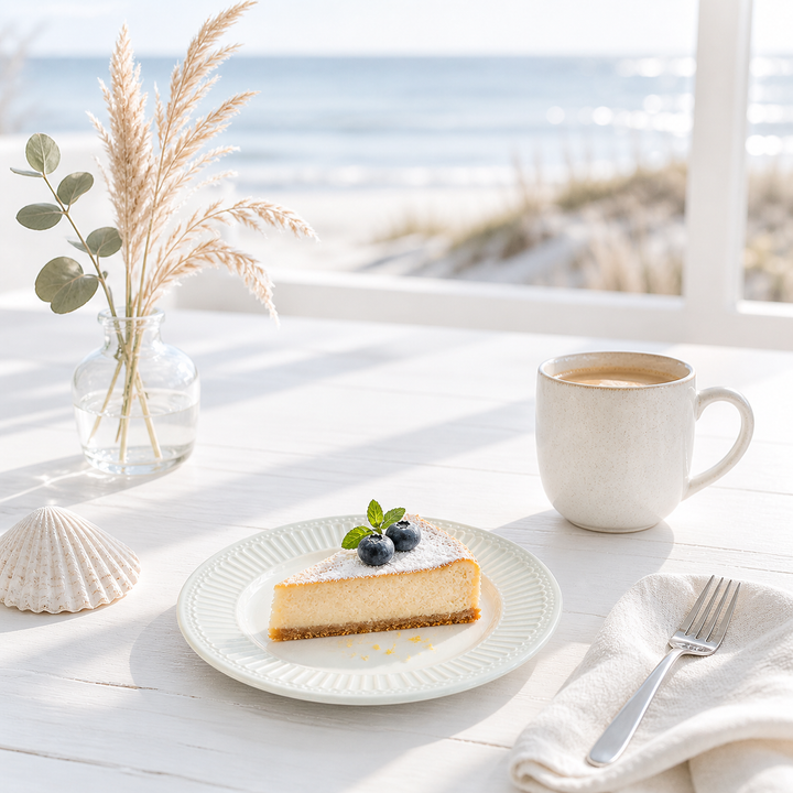 GreenGate Dessertteller Alice weiß mit Kuchen in heller skandinavischer Küsten Szene, minimal und clean