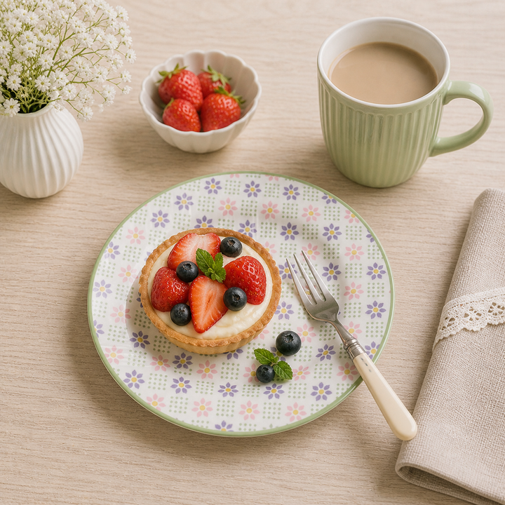 GreenGate Dessertteller Sybille geblümt 15 cm mit kleiner Tarte und frischen Erdbeeren in heller Landhausküche