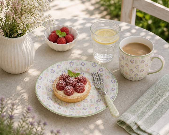 GreenGate Dessertteller Sybille geblümt 15 cm mit Dessert auf sonniger Terrasse im mediterranen Landhausstil