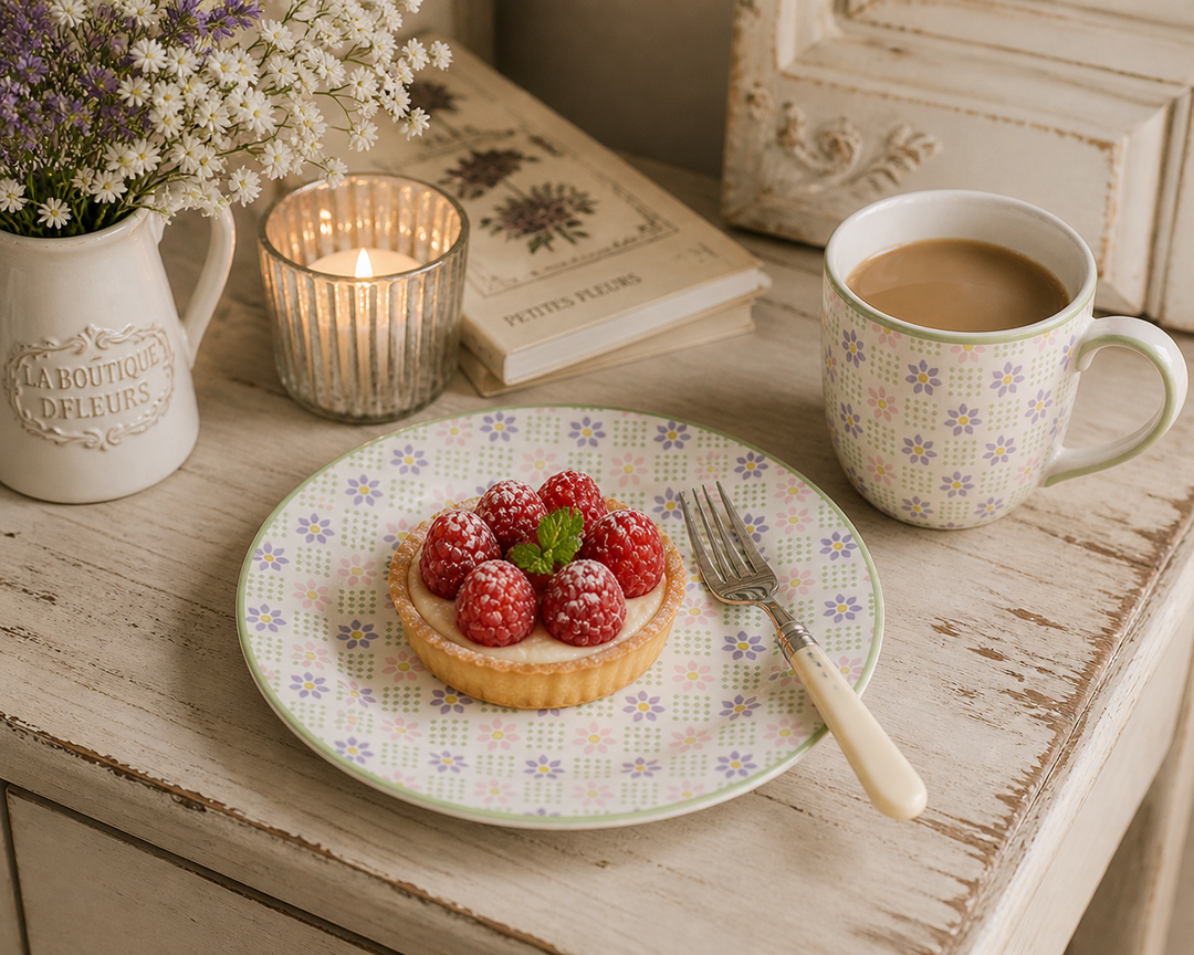 GreenGate Dessertteller Sybille geblümt 15 cm mit süßem Gebäck in gemütlicher Shabby Chic Kaffee Szene