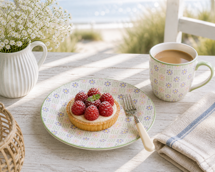 GreenGate Dessertteller Sybille geblümt 15 cm mit Dessert in heller skandinavischer Küsten Szene, minimal und clean