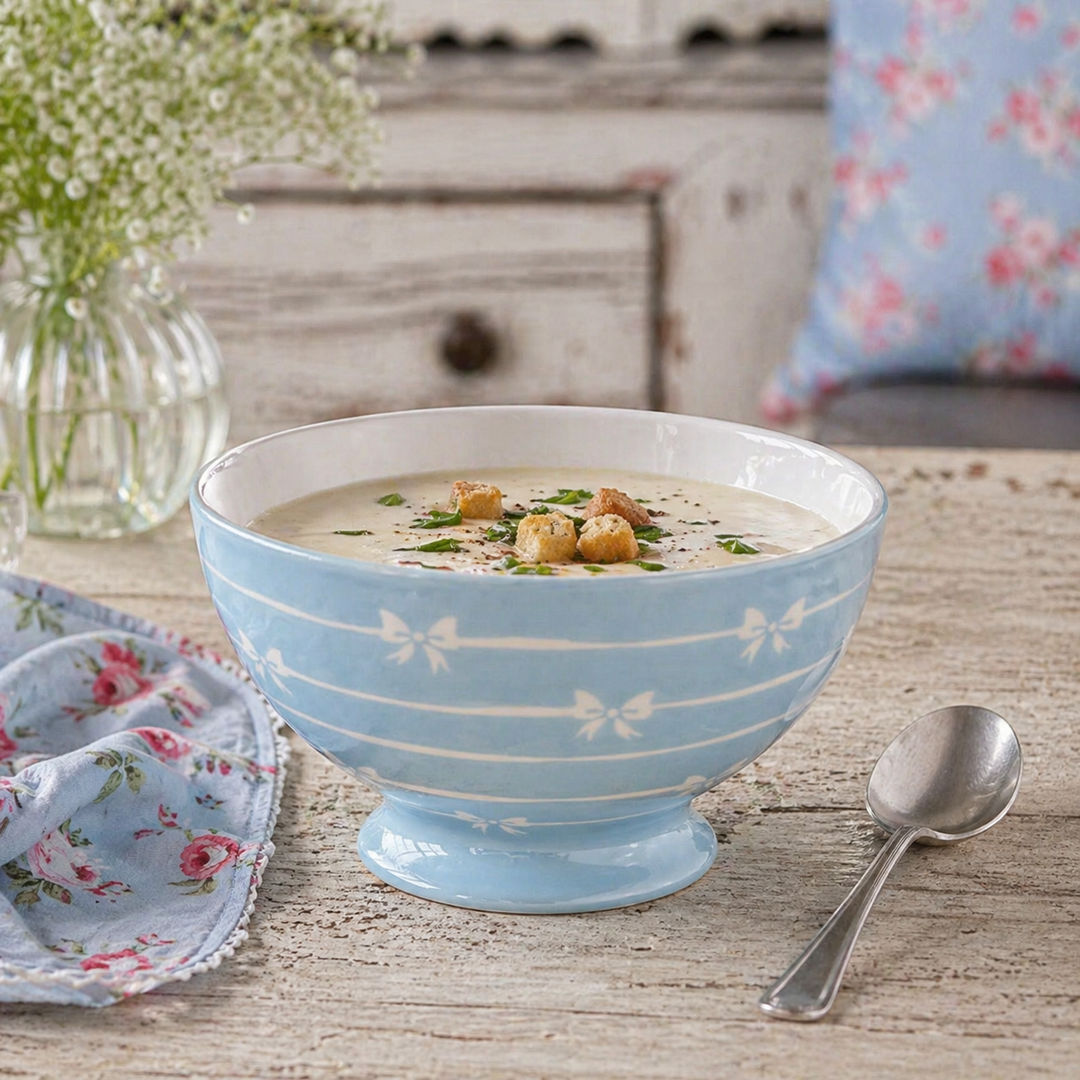 GreenGate Suppenschale Dolobella hellblau mit Suppe auf rustikalem Holztisch im Shabby Chic Landhausstil angerichtet