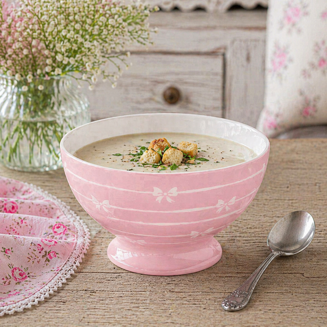 GreenGate Suppenschale Dolobella rosa mit Suppe auf rustikalem Holztisch im Shabby Chic Landhausstil angerichtet