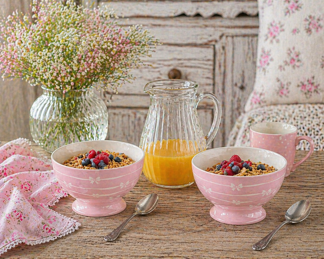 GreenGate Suppenschale Dolobella rosa im Set mit Müsli auf urigem Holztisch neben Saftkanne im Shabby Chic Landhausstil
