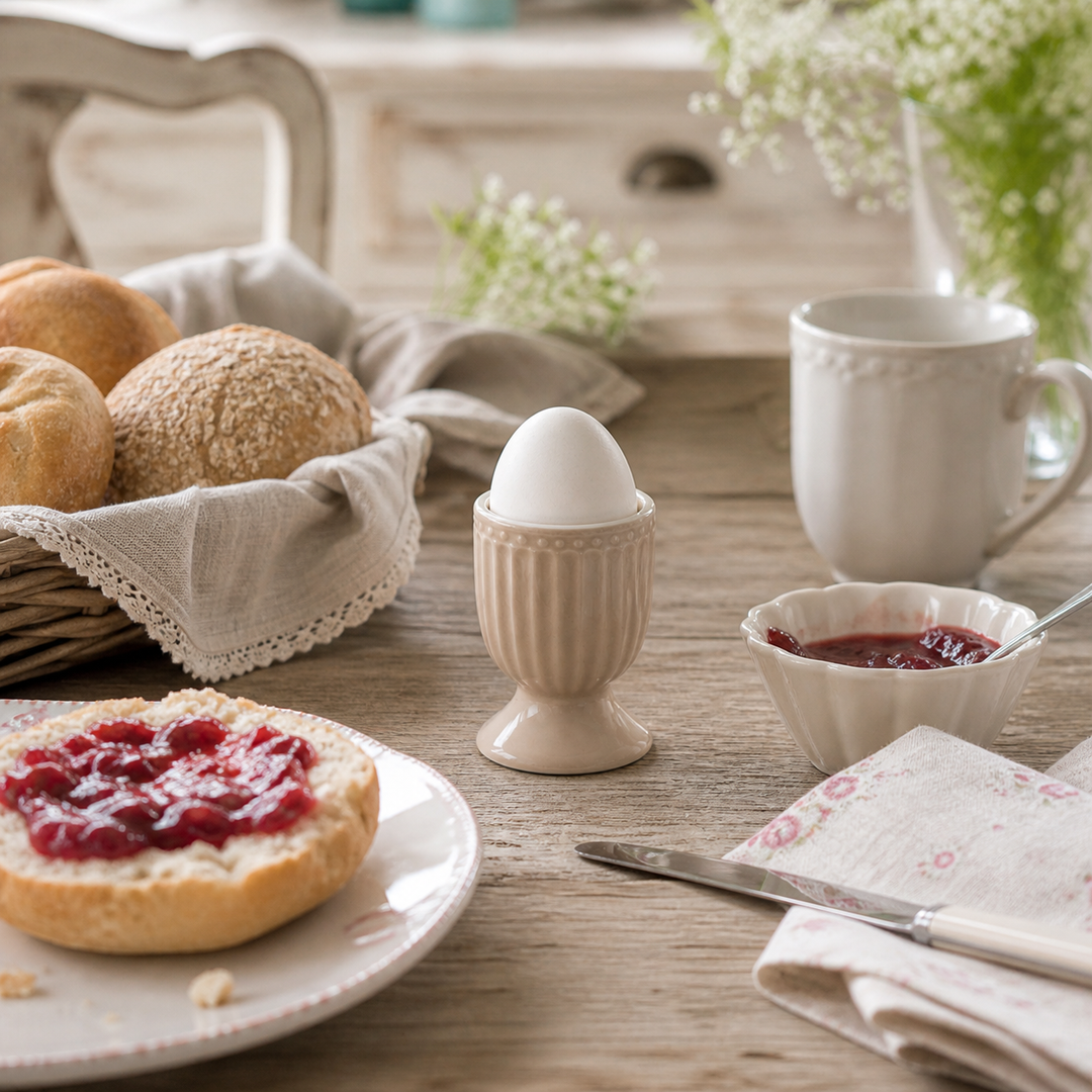 GreenGate Eierbecher Alice Fudge in Frühstücksszene mit Brötchen und Marmelade auf Holztisch im Landhausstil