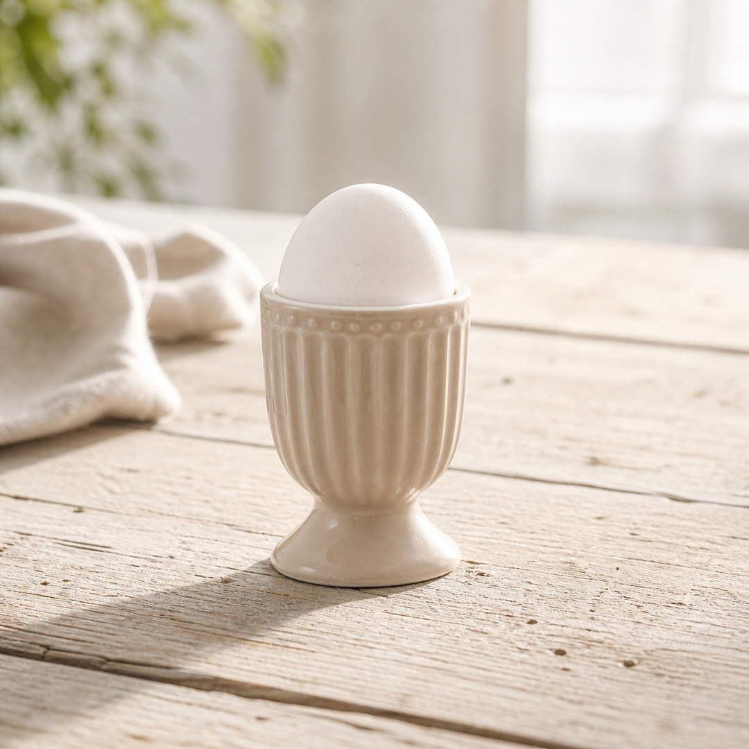 GreenGate Eierbecher Alice Fudge auf hellem Landhaus Tisch mit weichem natürlichen Licht minimalistisch dargestellt
