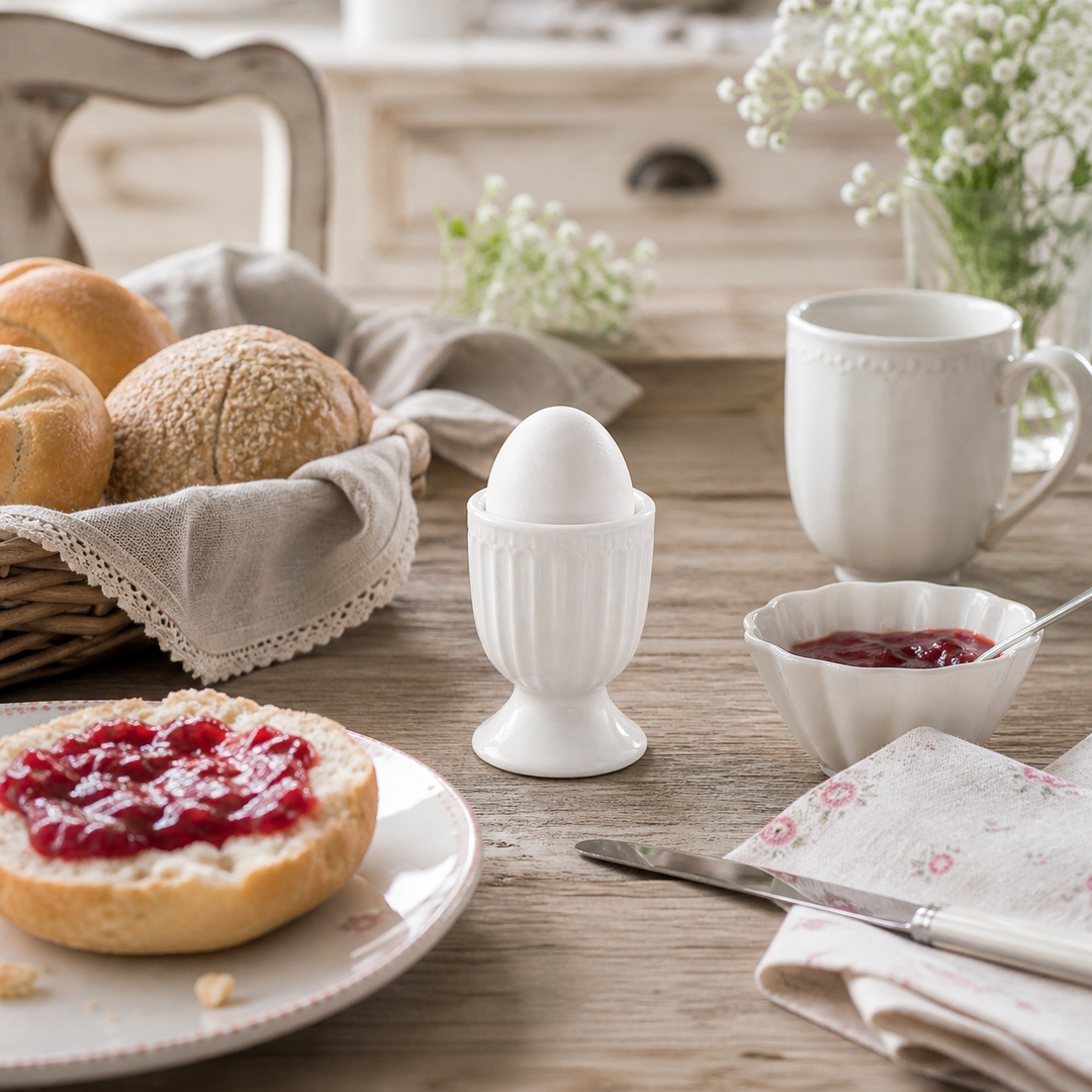 GreenGate Eierbecher Alice Weiß in Frühstücksszene mit Brötchen und Marmelade auf Holztisch im Landhausstil