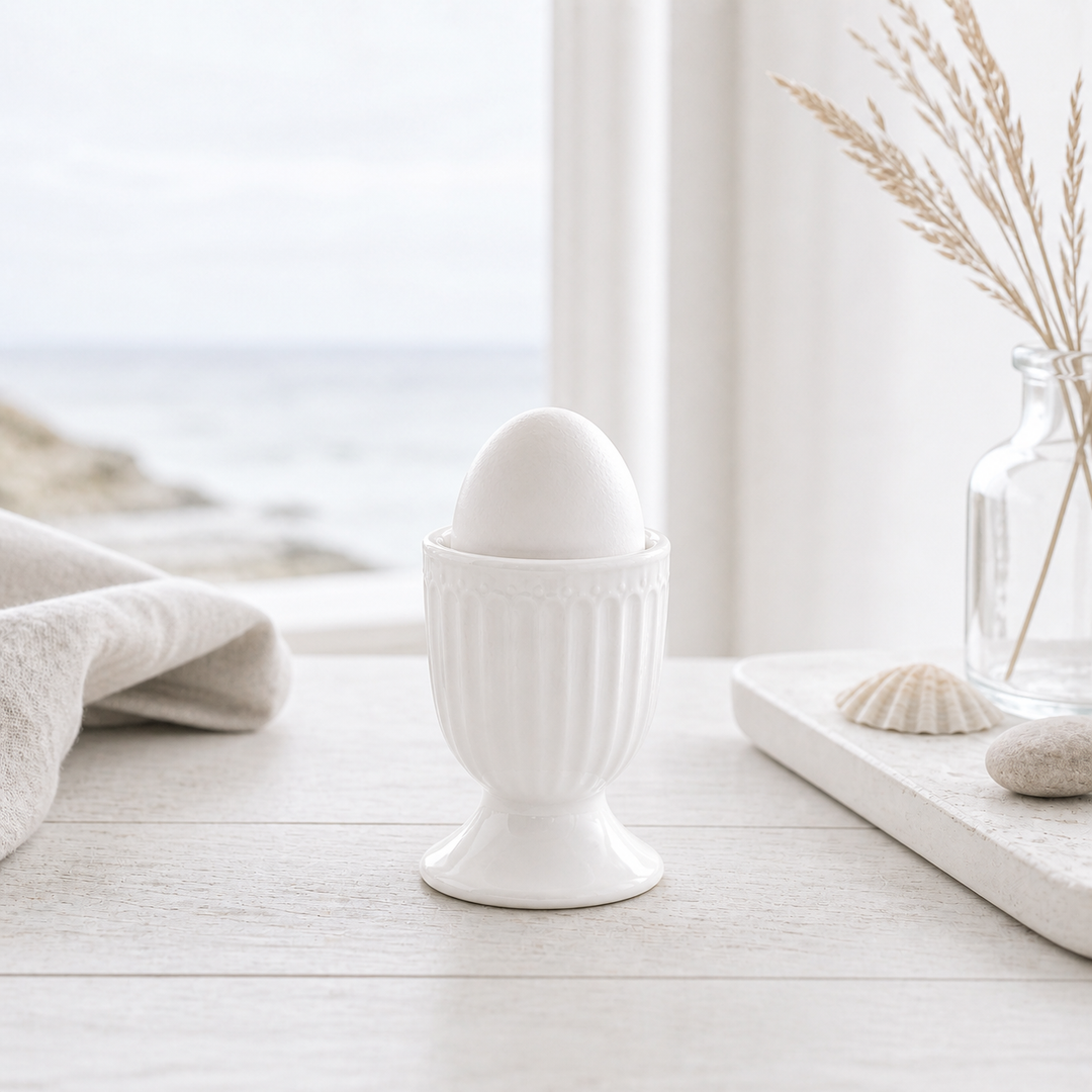 GreenGate Eierbecher Alice Weiß in heller skandinavischer Szene minimalistisch mit maritimen Elementen
