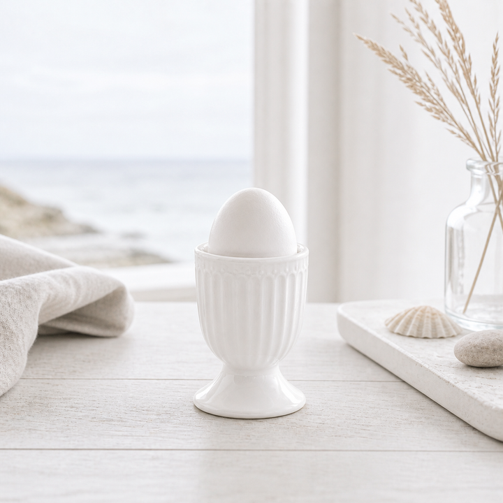 GreenGate Eierbecher Alice Weiß in heller skandinavischer Szene minimalistisch mit maritimen Elementen