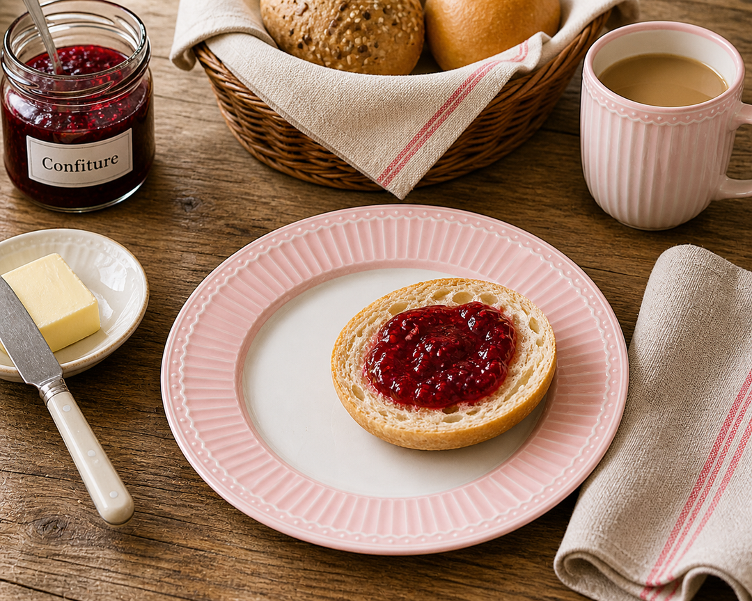 GreenGate Frühstücksteller Alice Rosa 23 cm im Landhaus Frühstück Setting mit Brötchen Marmelade und Holz Tisch