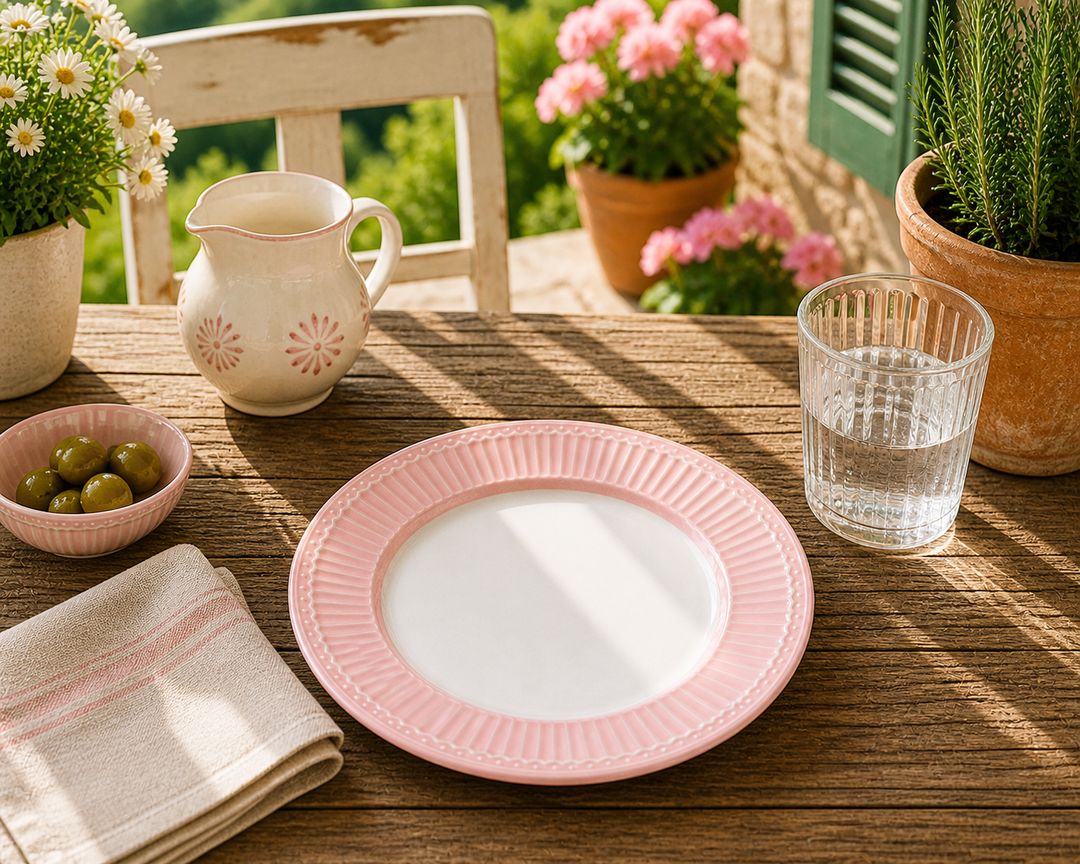GreenGate Frühstücksteller Alice Rosa 23 cm auf sommerlicher Terrasse im mediterranen Landhausstil mit Sonne Blumen und rustikalem Tisch