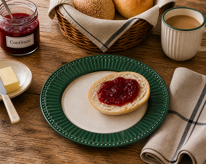 GreenGate Frühstücksteller Alice dunkelgrün 23 cm im Landhaus Frühstück Setting mit Brötchen Marmelade und Holz Tisch