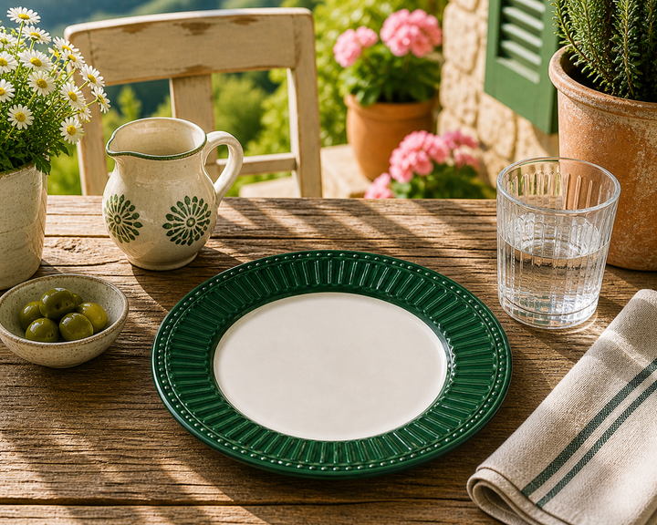 GreenGate Frühstücksteller Alice dunkelgrün 23 cm auf sommerlicher Terrasse im mediterranen Landhausstil mit Sonne Blumen und rustikalem Tisch