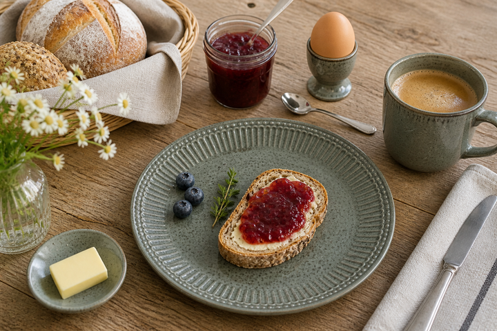 GreenGate Frühstücksteller Alice dunkelgrün gesprenkelt 23 cm im Landhaus Frühstück Setting mit Brötchen Marmelade und Holz Tisch