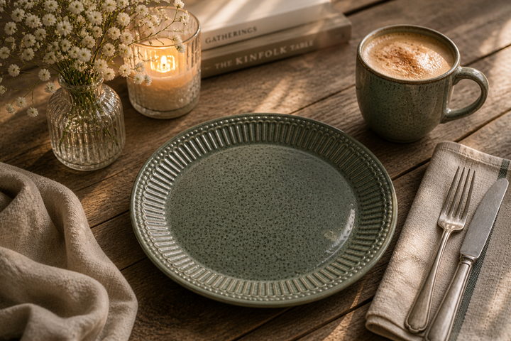 GreenGate Frühstücksteller Alice dunkelgrün gesprenkelt 23 cm in gemütlicher Kaffee Szene mit warmem Licht und rustikalem Ambiente