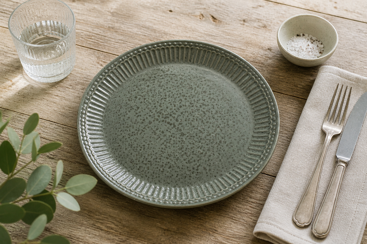 GreenGate Frühstücksteller Alice dunkelgrün gesprenkelt 23 cm auf hellem Landhaus Tisch minimalistisch von schräg oben fotografiert