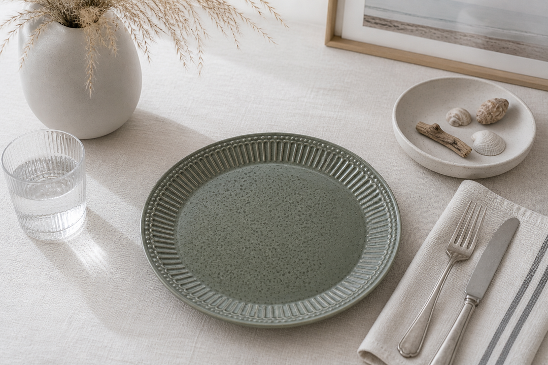 GreenGate Frühstücksteller Alice dunkelgrün gesprenkelt 23 cm im skandinavisch minimalistischen Stil mit hellen Naturmaterialien und ruhiger Atmosphäre