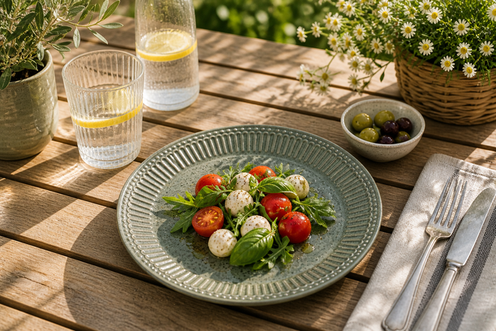 GreenGate Frühstücksteller Alice dunkelgrün gesprenkelt 23 cm auf sonniger Terrasse im mediterranen Landhausstil mit natürlichen Materialien