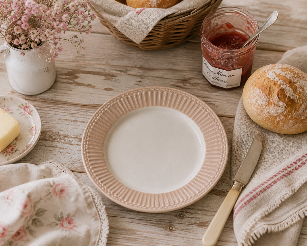 GreenGate Frühstücksteller Alice Fudge 23 cm im Landhaus Frühstück Setting mit Brötchen Marmelade und Holz Tisch