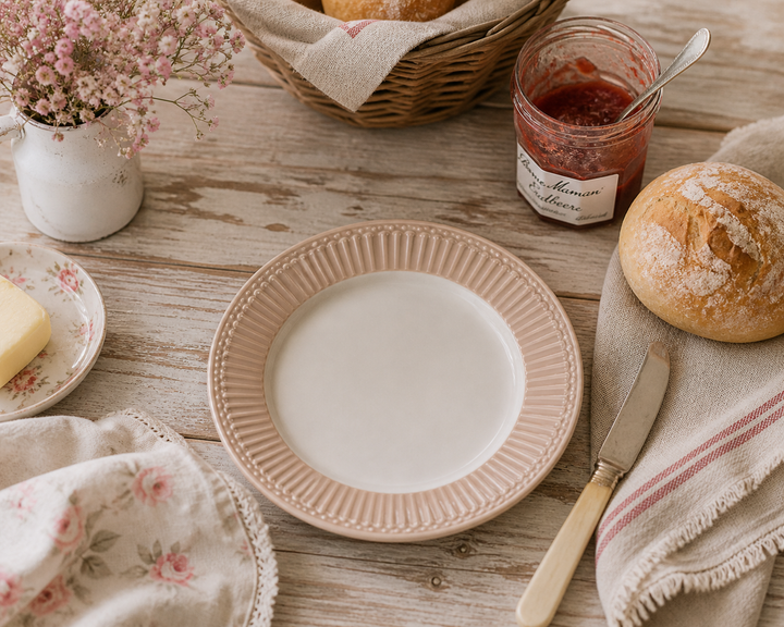 GreenGate Frühstücksteller Alice Fudge 23 cm im Landhaus Frühstück Setting mit Brötchen Marmelade und Holz Tisch