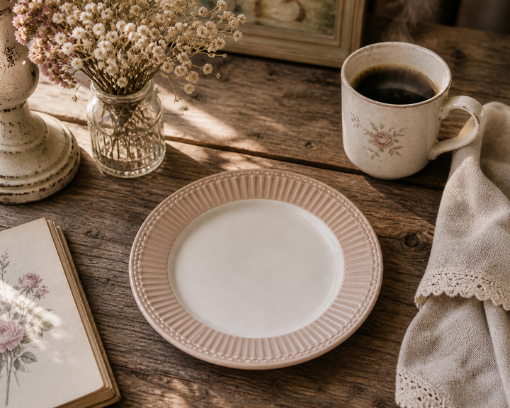 GreenGate Frühstücksteller Alice Fudge 23 cm in gemütlicher Kaffee Szene mit Tasse warmem Licht und rustikalem Vintage Stil