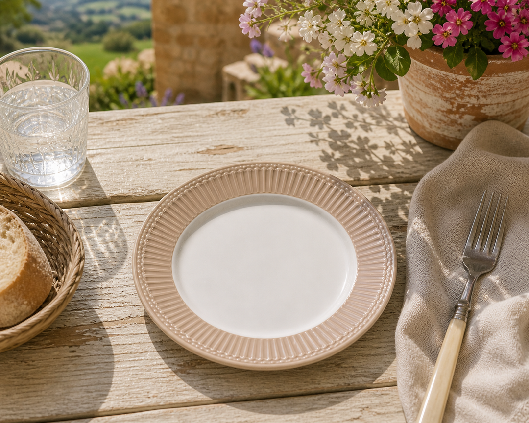 GreenGate Frühstücksteller Alice Fudge 23 cm auf sommerlicher Terrasse im mediterranen Landhausstil mit Sonne Blumen und rustikalem Tisch