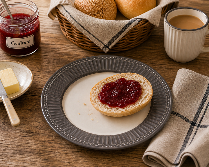 GreenGate Frühstücksteller Alice Grau 23 cm im Landhaus Frühstück Setting mit Brötchen Marmelade und Holz Tisch