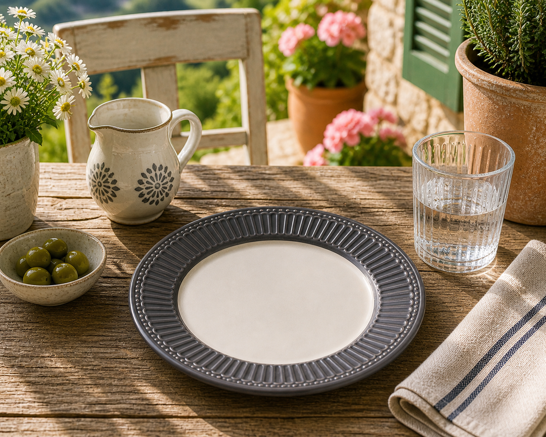 GreenGate Frühstücksteller Alice Grau 23 cm auf sommerlicher Terrasse im mediterranen Landhausstil mit Sonne Blumen und rustikalem Tisch