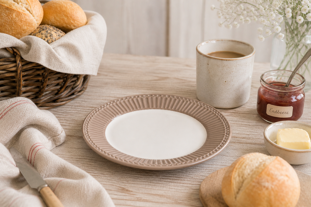 GreenGate Frühstücksteller Alice Haselnuss 23 cm im Landhaus Frühstück Setting mit Brötchen Marmelade und Holz Tisch