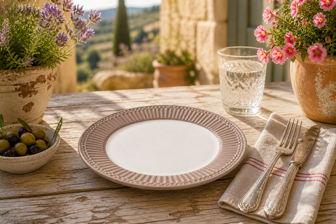 GreenGate Frühstücksteller Alice Haselnuss 23 cm auf sommerlicher Terrasse im mediterranen Landhausstil mit Sonne Blumen und rustikalem Tisch