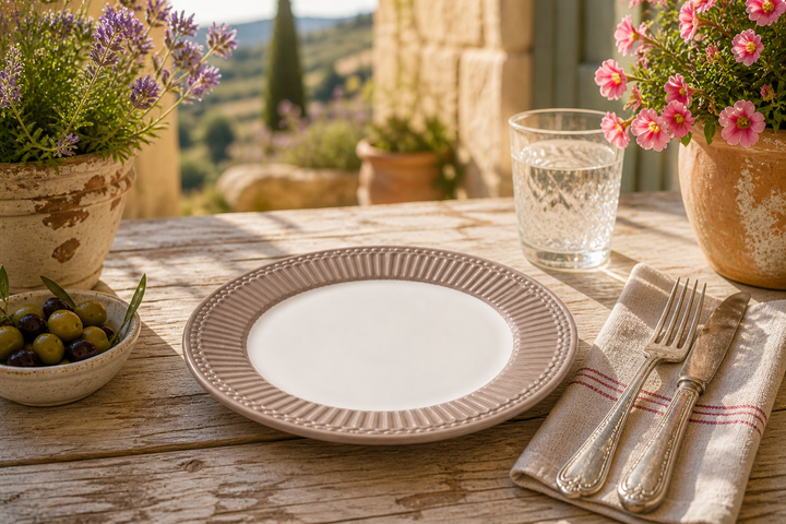 GreenGate Frühstücksteller Alice Haselnuss 23 cm auf sommerlicher Terrasse im mediterranen Landhausstil mit Sonne Blumen und rustikalem Tisch