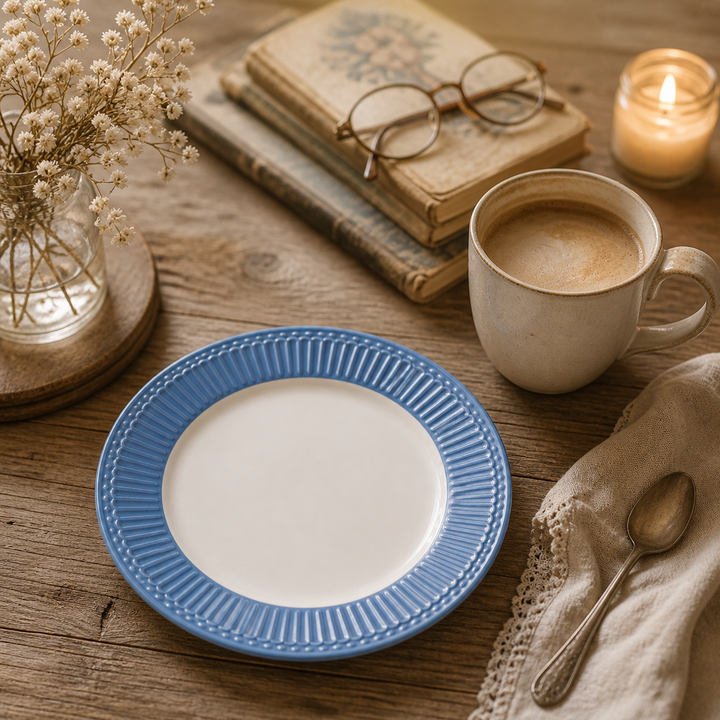 GreenGate Frühstücksteller Alice Hellblau 23 cm in gemütlicher Kaffee Szene mit Tasse warmem Licht und rustikalem Vintage Stil