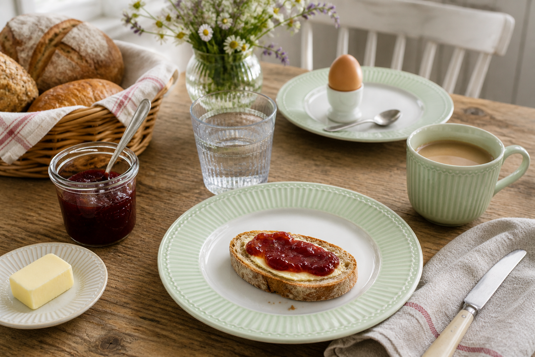 GreenGate Frühstücksteller Alice Hellgrün 23 cm im Landhaus Frühstück Setting mit Brötchen Marmelade und Holz Tisch