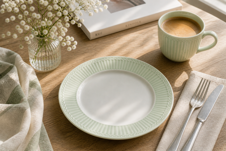 GreenGate Frühstücksteller Alice Hellgrün 23 cm in gemütlicher Kaffee Szene mit Tasse warmem Licht und rustikalem Vintage Stil