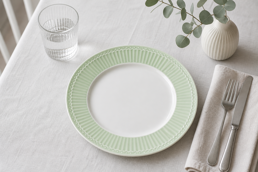 GreenGate Frühstücksteller Alice Hellgrün 23 cm im skandinavisch minimalistischen Stil mit Besteck hell clean und maritimer Atmosphäre