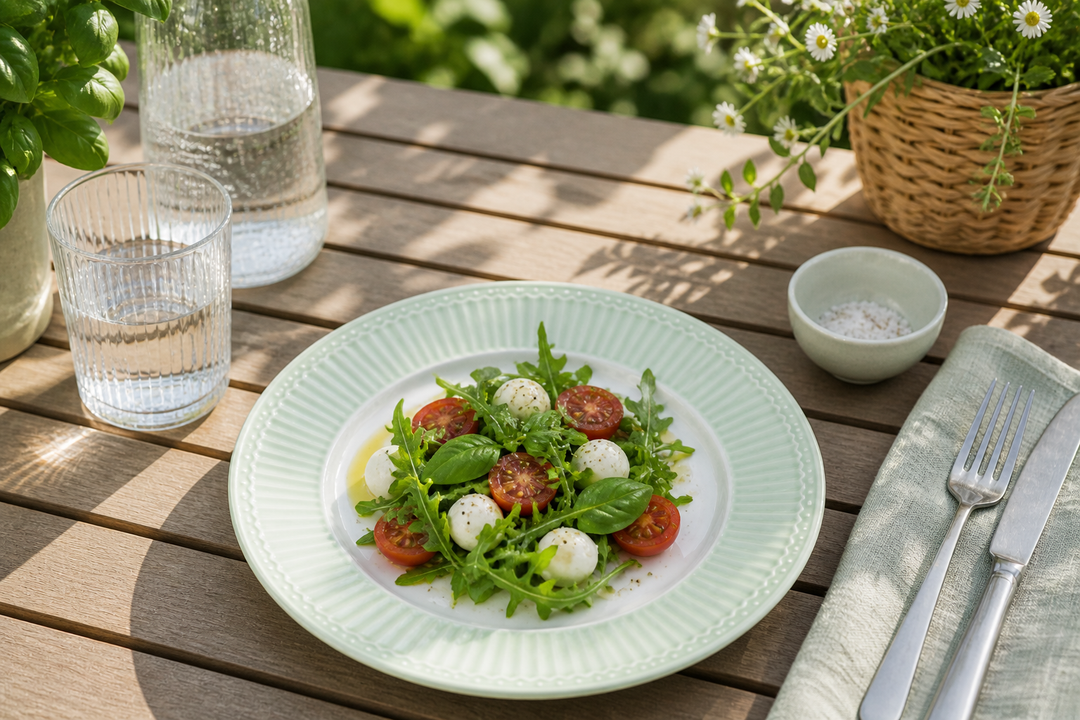 GreenGate Frühstücksteller Alice Hellgrün 23 cm auf sommerlicher Terrasse im mediterranen Landhausstil mit Sonne Blumen und rustikalem Tisch