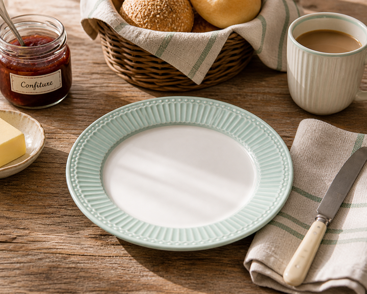 GreenGate Frühstücksteller Alice kühle Minze 23 cm im Landhaus Frühstück Setting mit Brötchen Marmelade und Holz Tisch