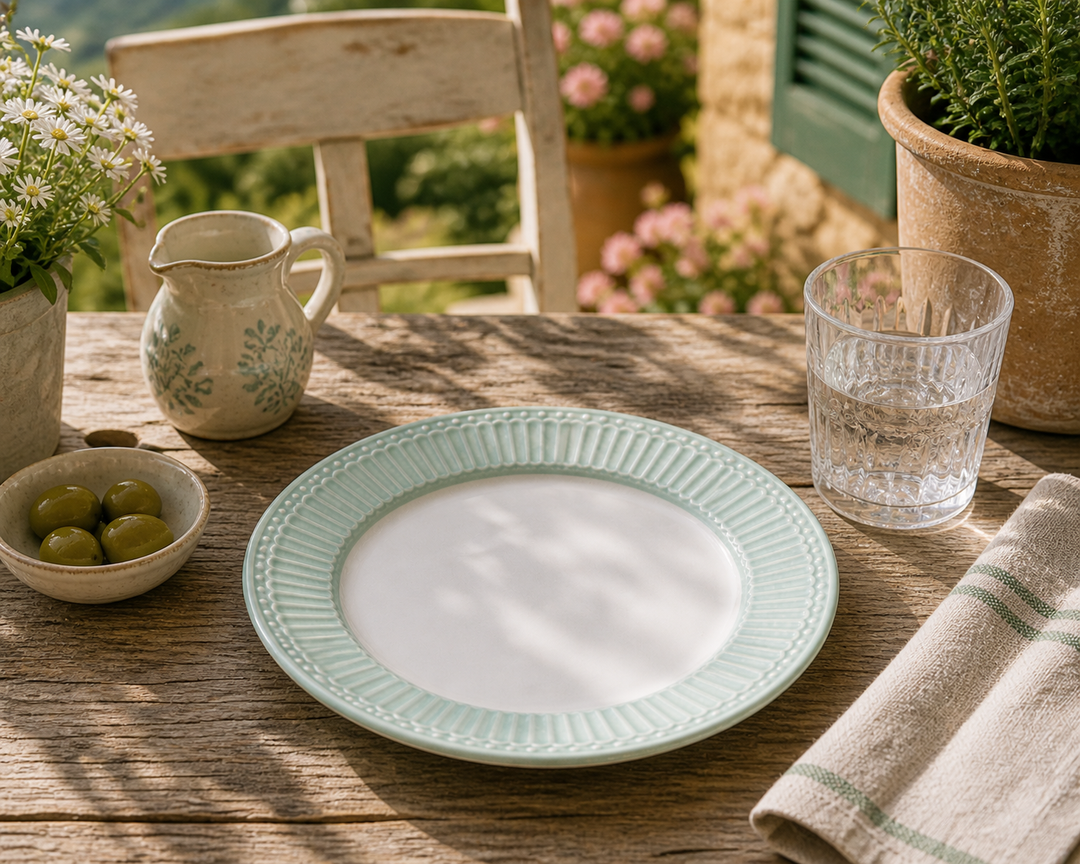 GreenGate Frühstücksteller Alice kühle Minze 23 cm auf sommerlicher Terrasse im mediterranen Landhausstil mit Sonne Blumen und rustikalem Tisch
