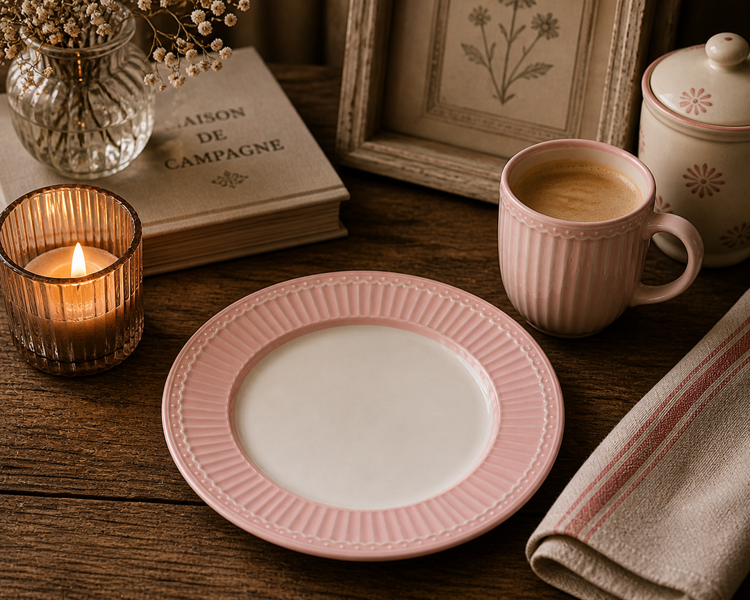 GreenGate Frühstücksteller Alice Rosa 23 cm in gemütlicher Kaffee Szene mit Tasse warmem Licht und rustikalem Vintage Stil