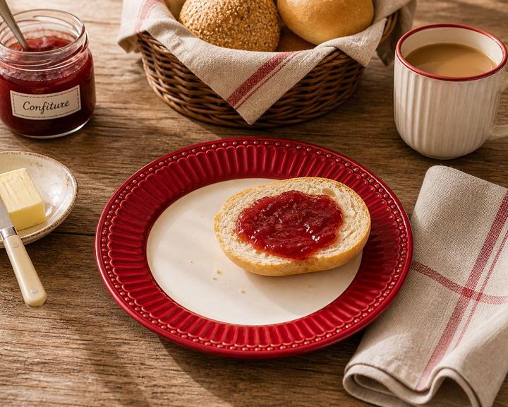 GreenGate Frühstücksteller Alice Rot 23 cm im Landhaus Frühstück Setting mit Brötchen Marmelade und Holz Tisch