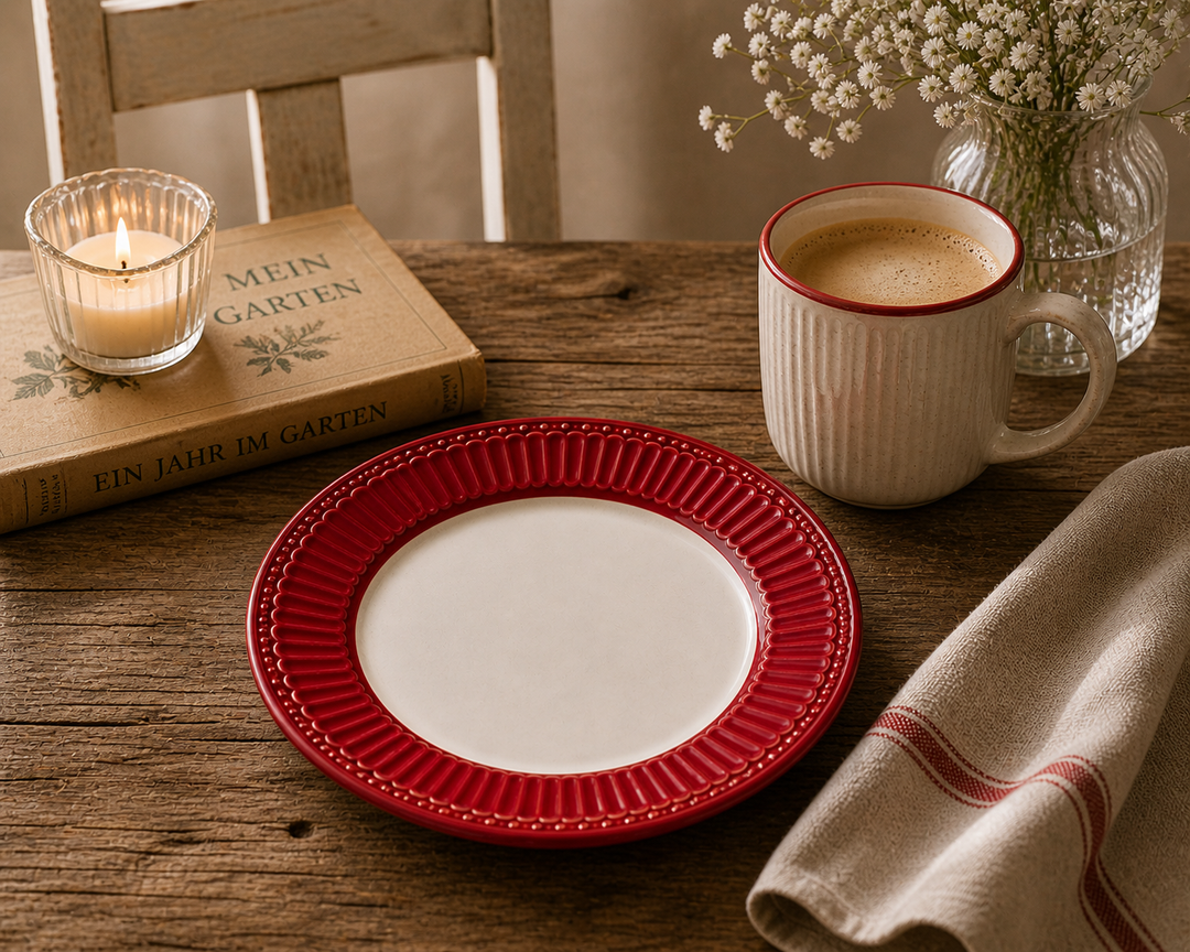 GreenGate Frühstücksteller Alice Rot 23 cm in gemütlicher Kaffee Szene mit Tasse warmem Licht und rustikalem Vintage Stil