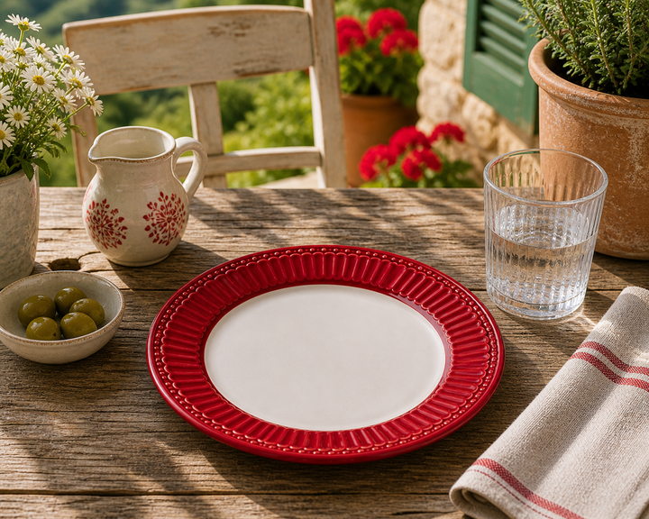 GreenGate Frühstücksteller Alice Rot 23 cm auf sommerlicher Terrasse im mediterranen Landhausstil mit Sonne Blumen und rustikalem Tisch