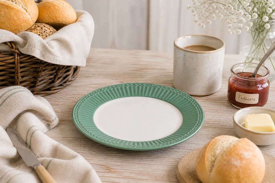GreenGate Frühstücksteller Alice Staubgrün 23 cm im Landhaus Frühstück Setting mit Brötchen Marmelade und Holz Tisch